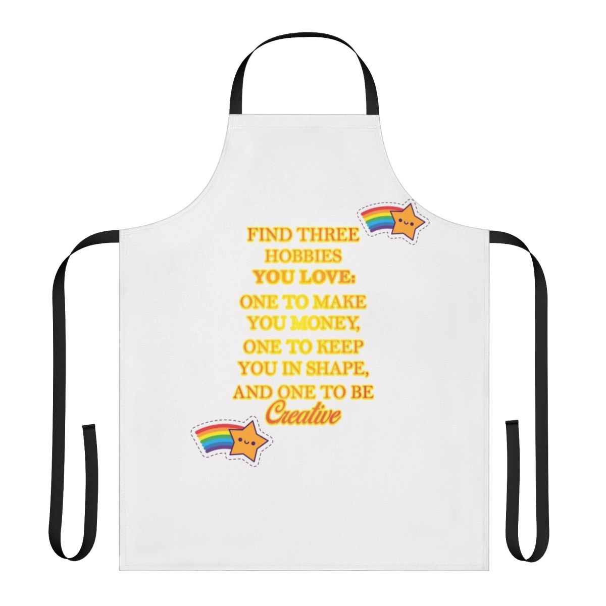 Person wearing a colorful apron with various hobbies represented