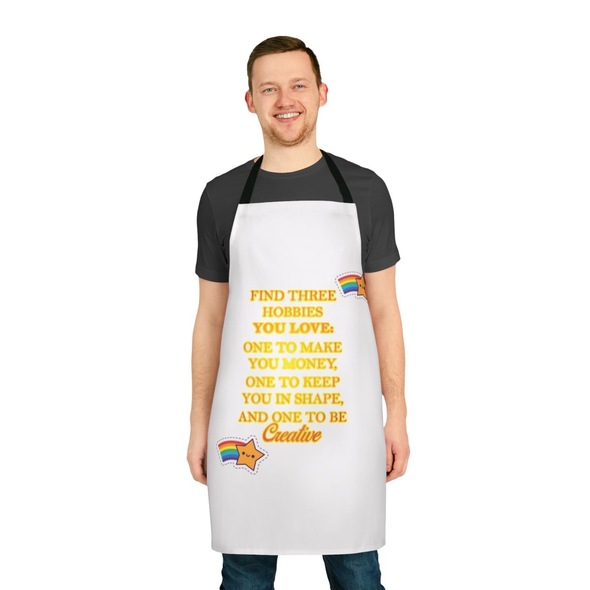 Person wearing a colorful apron with various hobbies represented