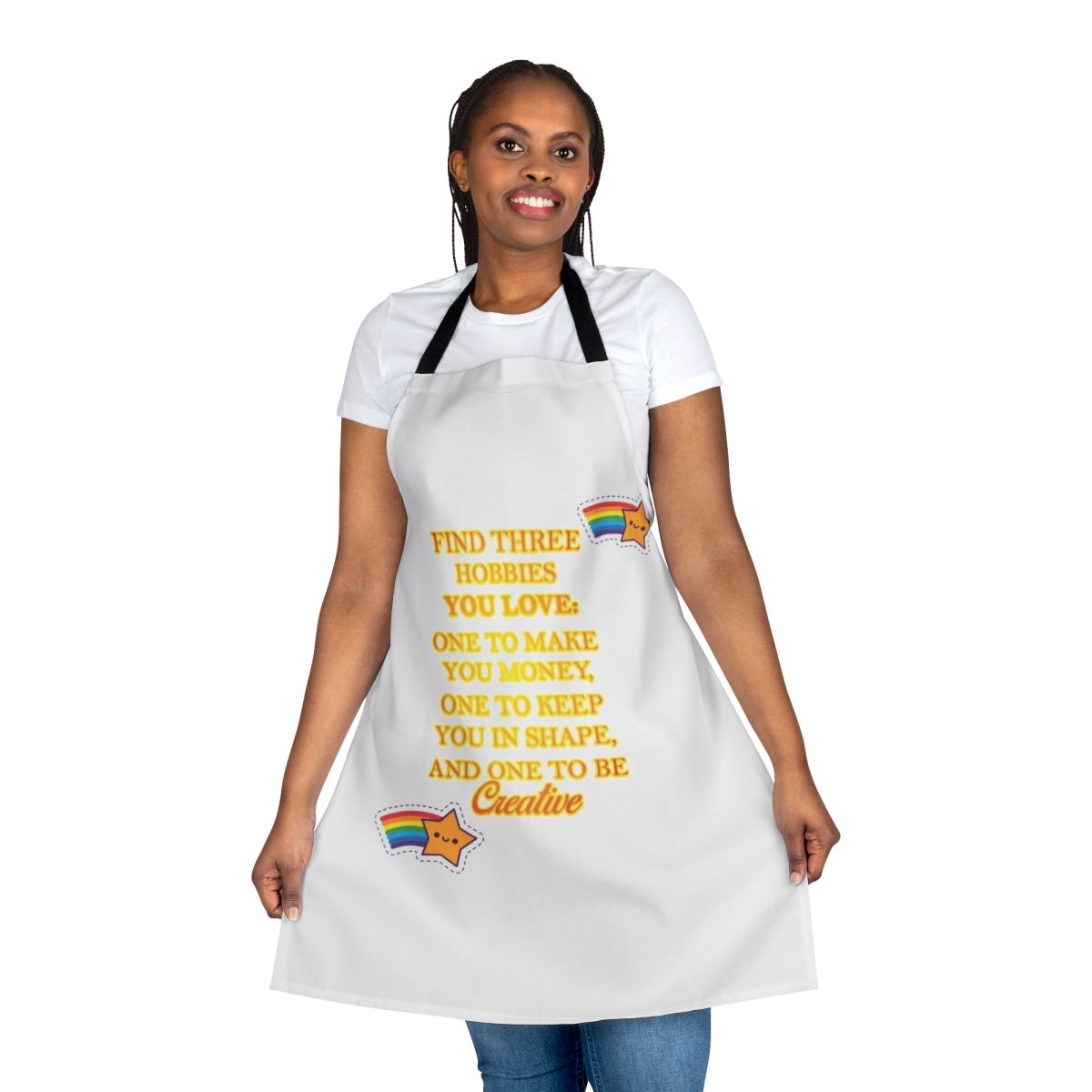 Person wearing a colorful apron with various hobbies represented