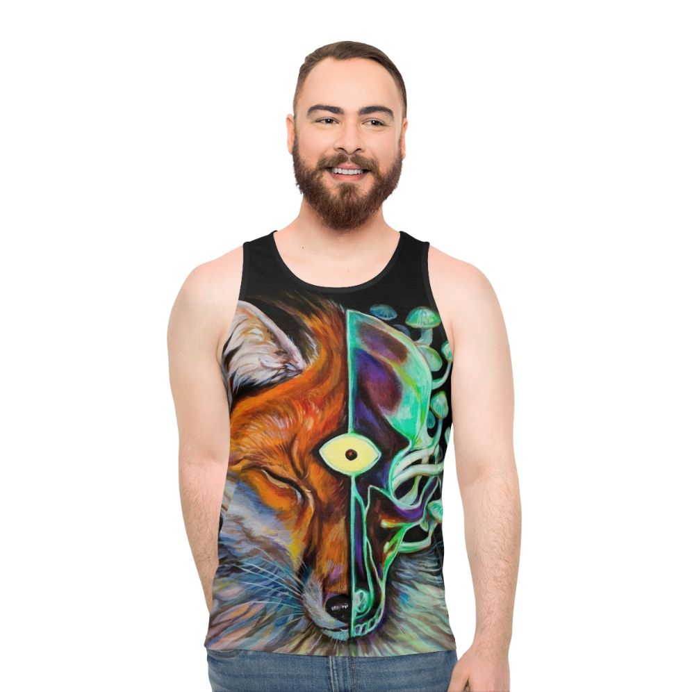Enlightened unisex tank top with psychedelic third eye and skull design