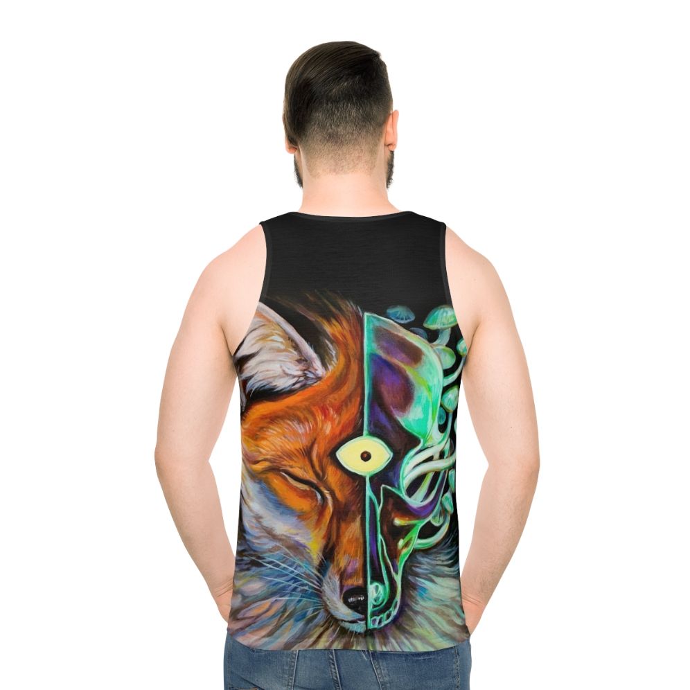 Enlightened unisex tank top with psychedelic third eye and skull design