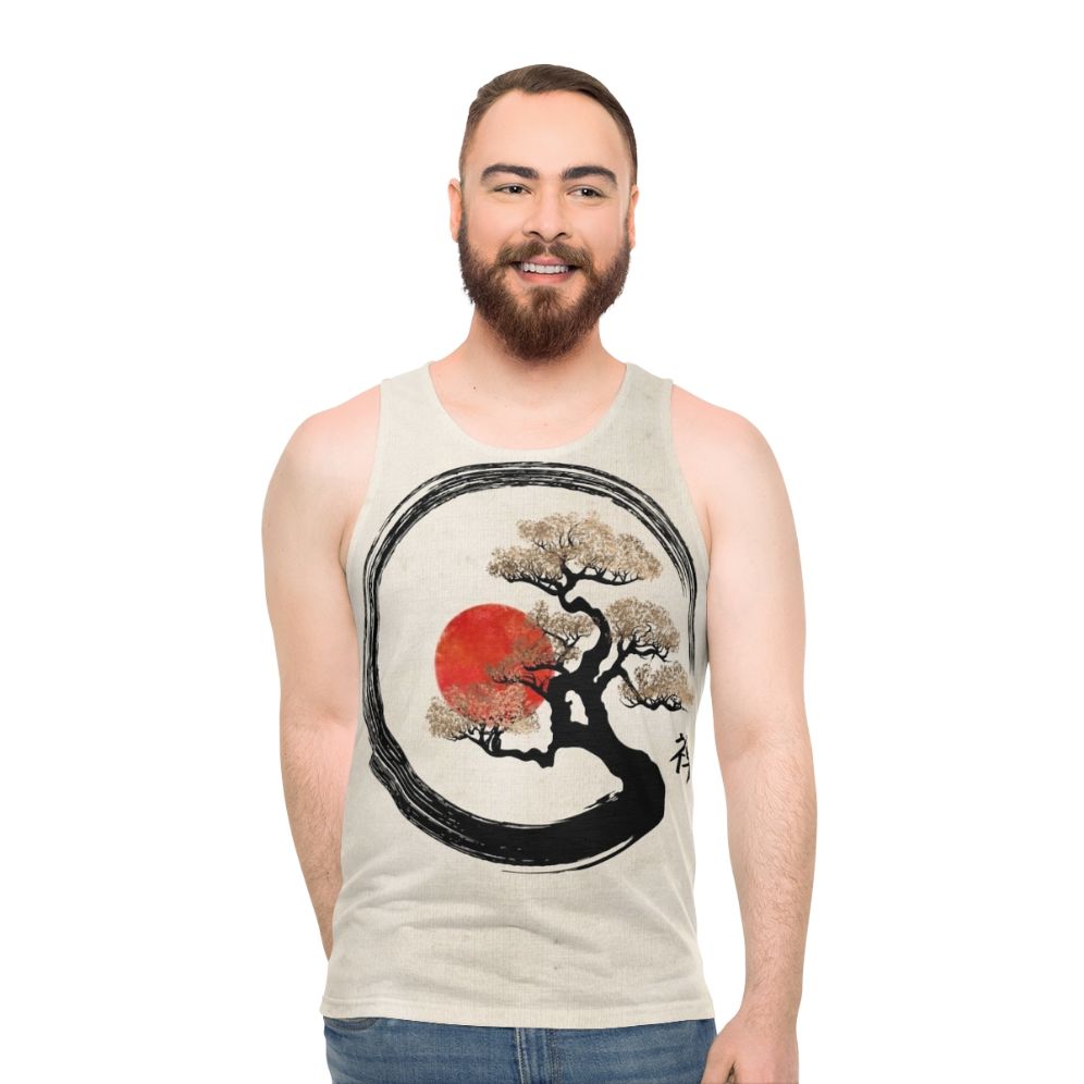 Enso circle and bonsai tree design on a unisex tank top
