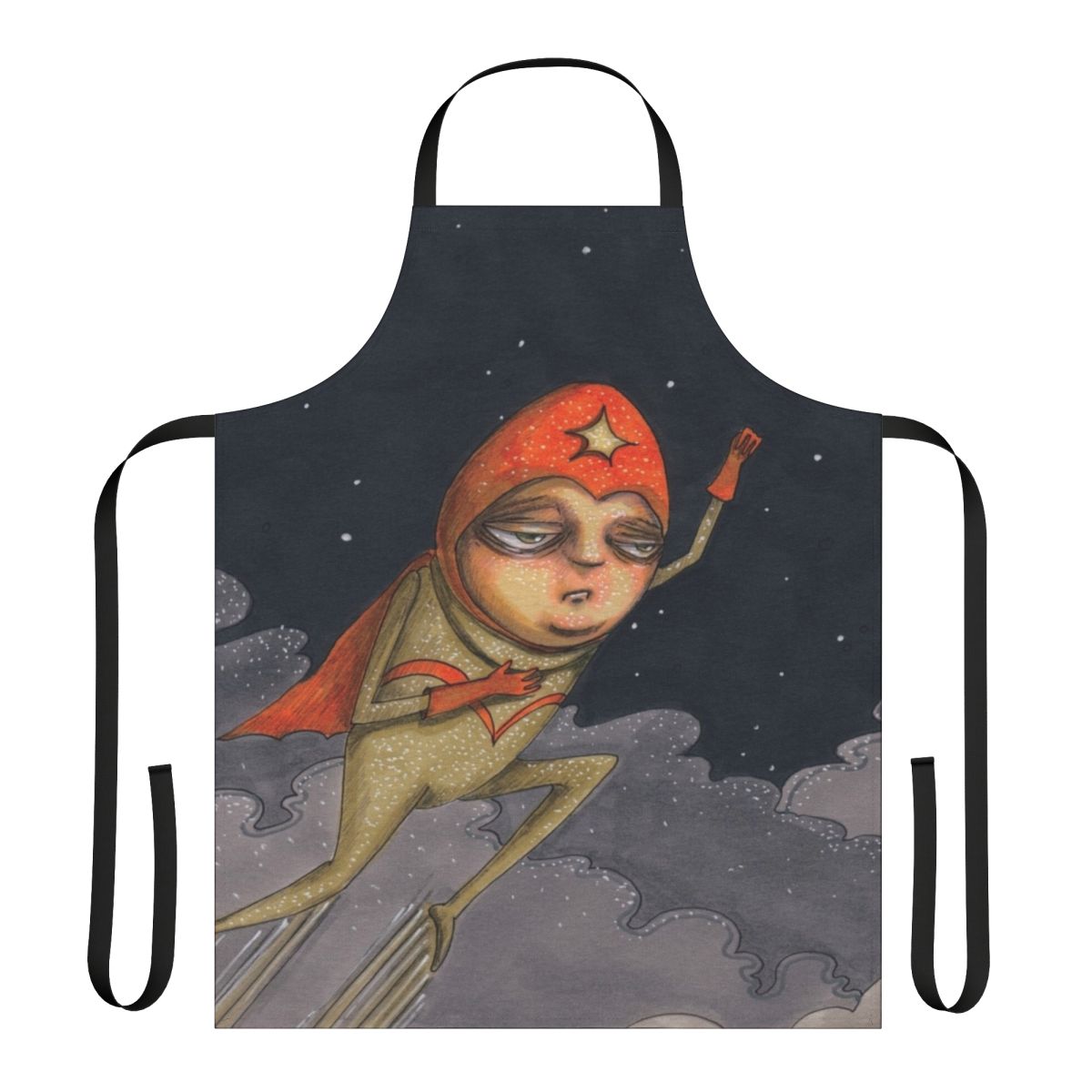 Enthusiastic superhero comic book-inspired apron with hand-drawn design