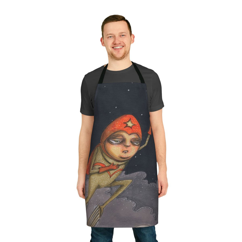 Enthusiastic superhero comic book-inspired apron with hand-drawn design