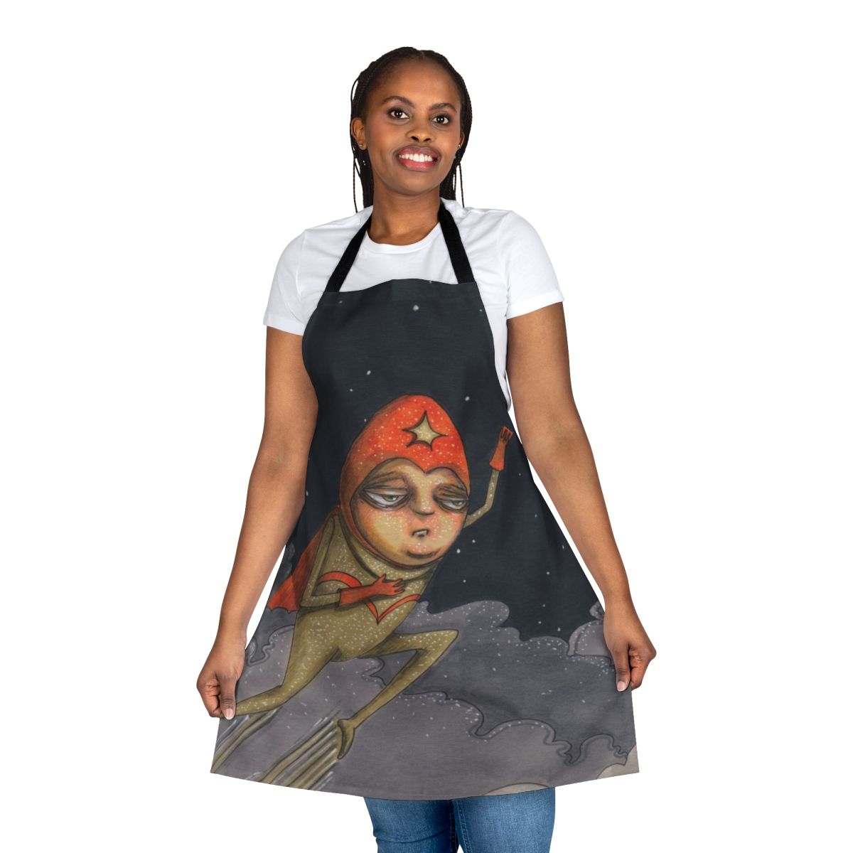 Enthusiastic superhero comic book-inspired apron with hand-drawn design
