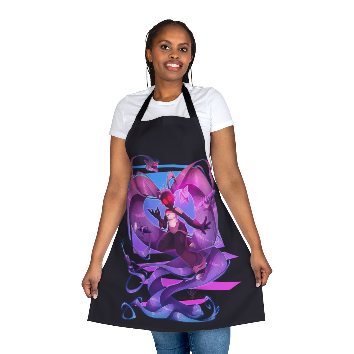 Entrapta-themed apron with purple and pink design, featuring "She-Ra: Princess of Power" character