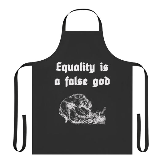 An apron with the text "Equality Is A False God" printed on it, a sarcastic commentary on social justice issues.