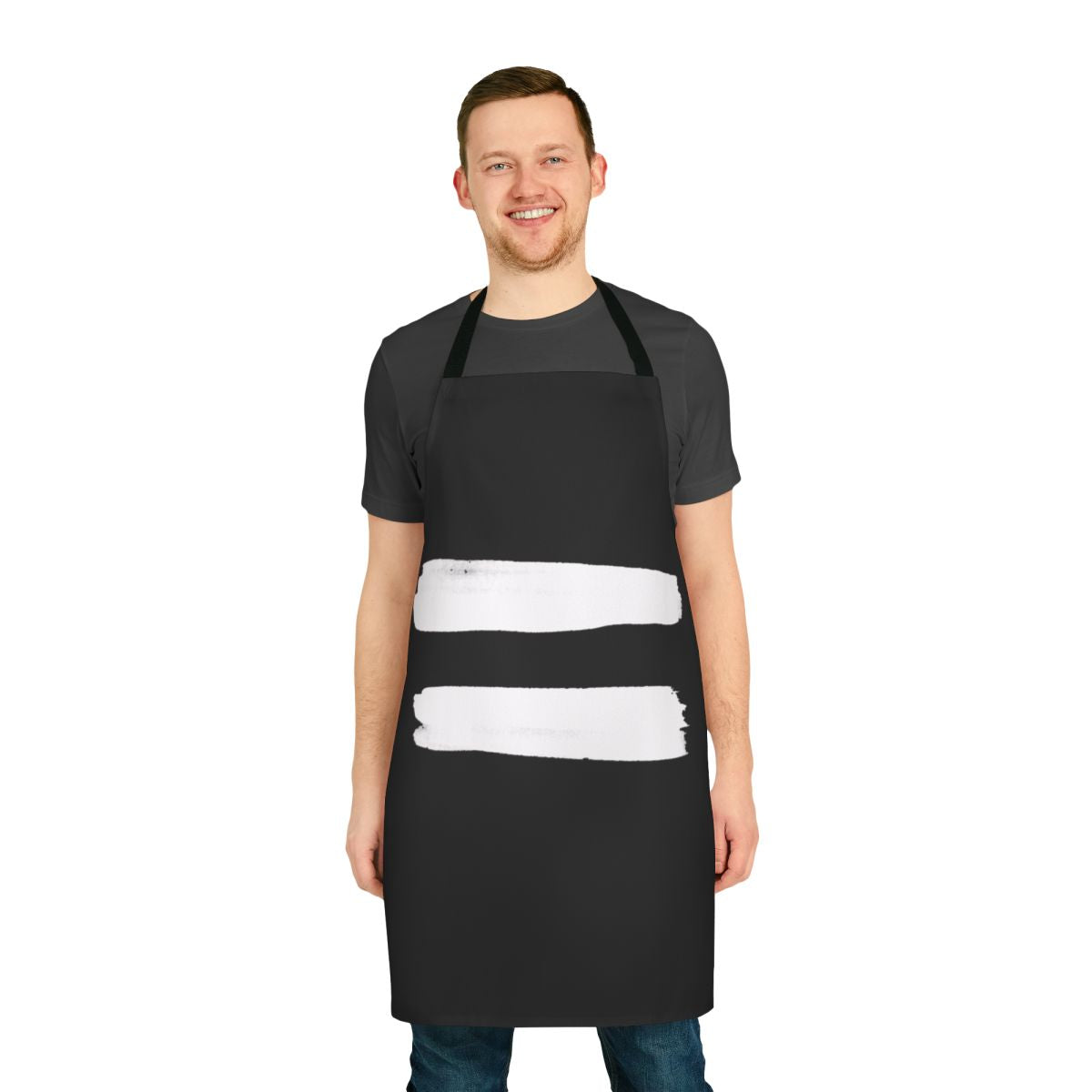 White apron with equality-themed graphic design
