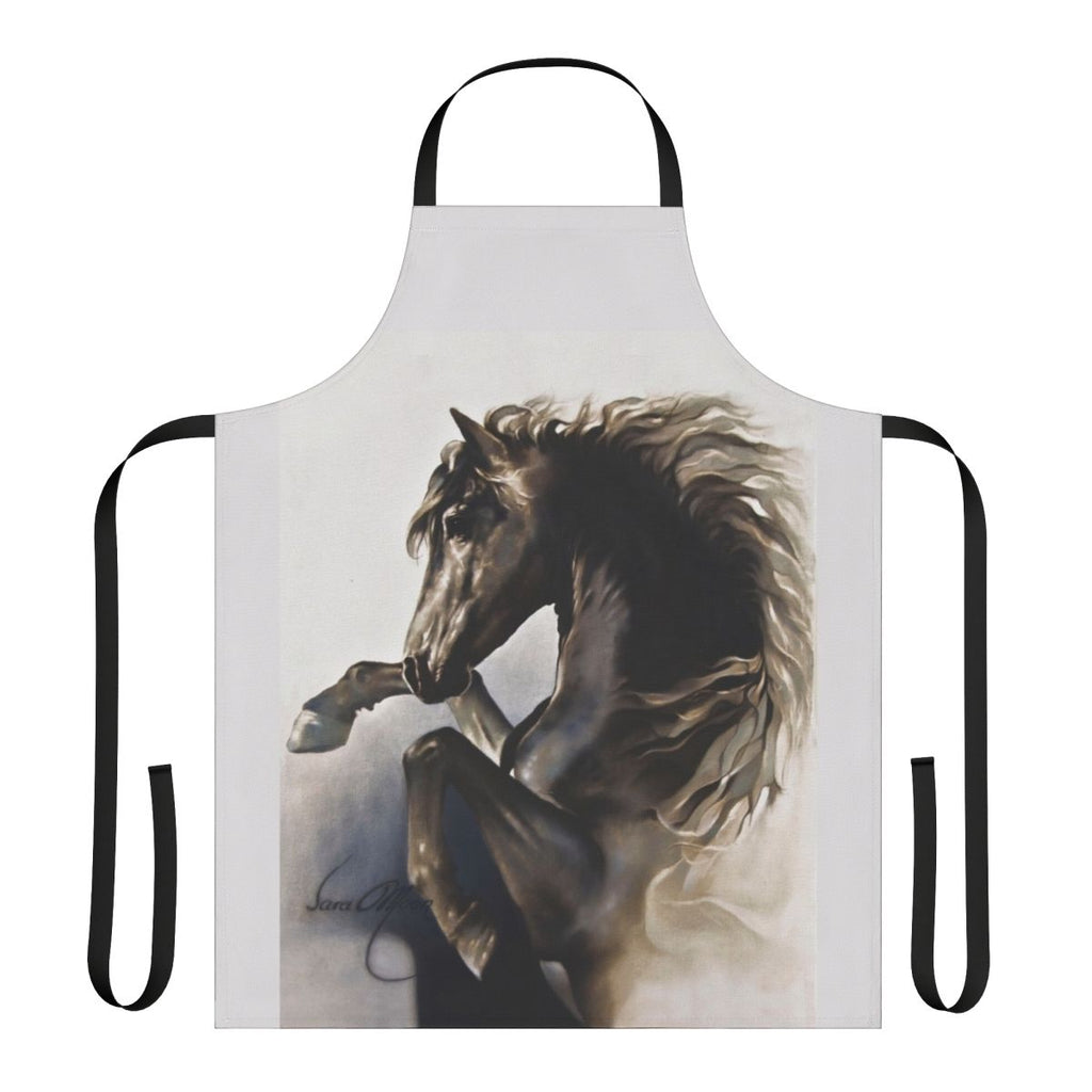 Black stallion rearing on high-quality apron with Sara Moon art