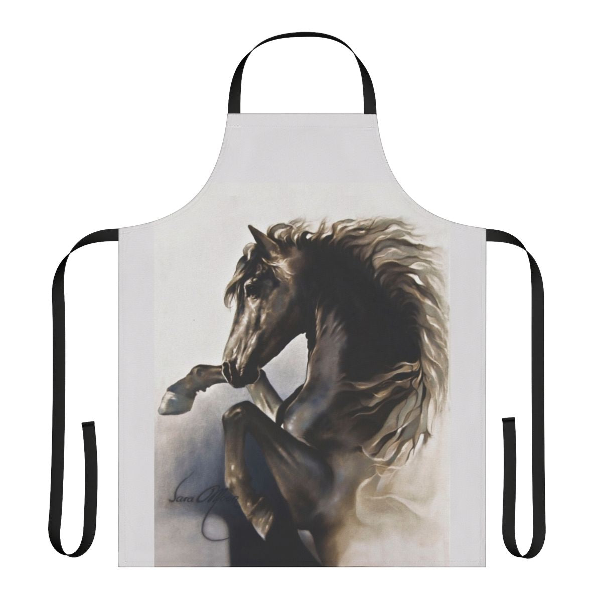Black stallion rearing on high-quality apron with Sara Moon art