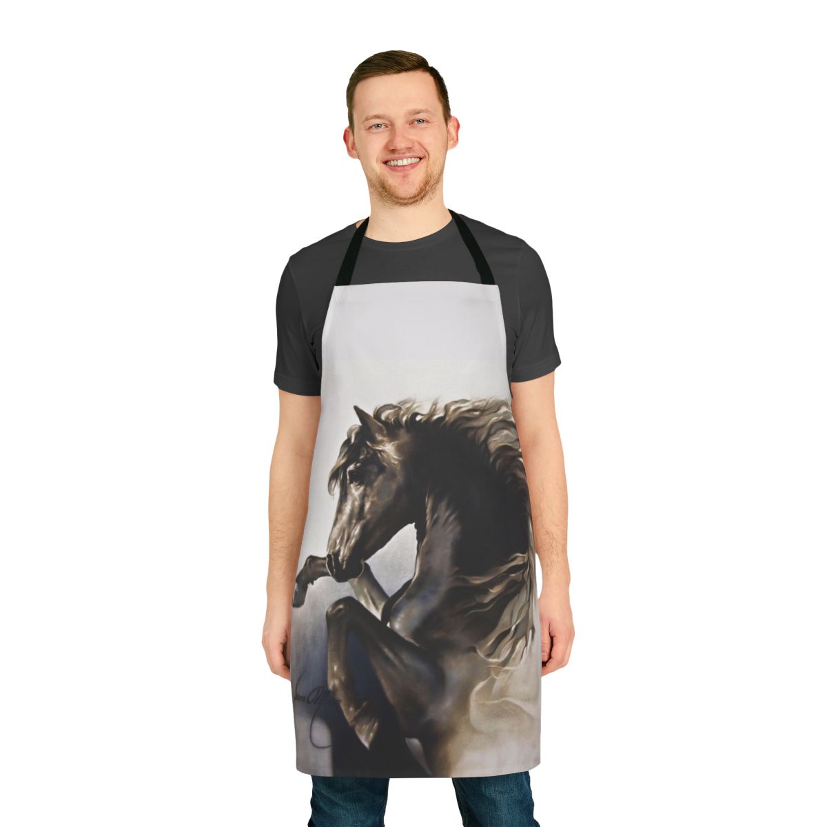 Black stallion rearing on high-quality apron with Sara Moon art