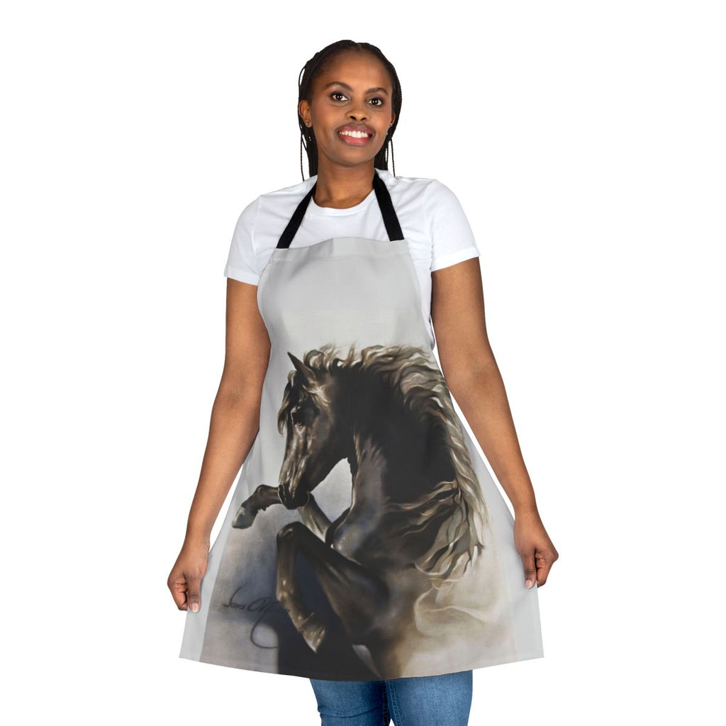 Black stallion rearing on high-quality apron with Sara Moon art