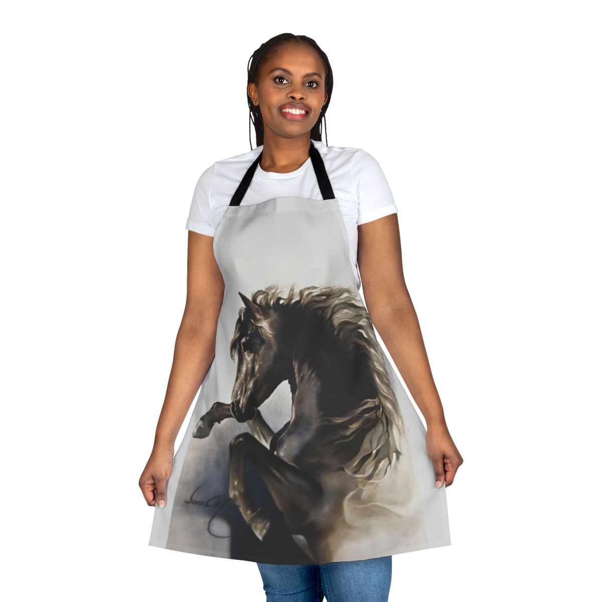 Black stallion rearing on high-quality apron with Sara Moon art