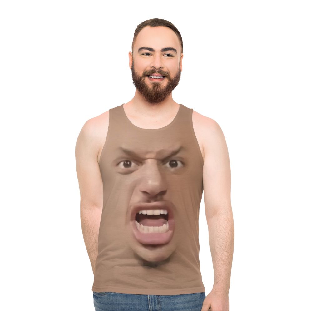 Eric Andre Unisex Tank Top featuring his iconic yelling pose and "Investigate 311" slogan