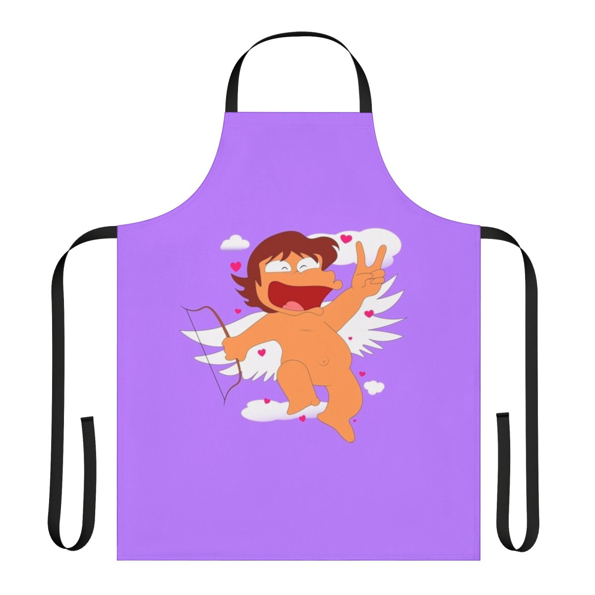 Eros-inspired anime-style apron with clouds, wings, and a smiling heart design