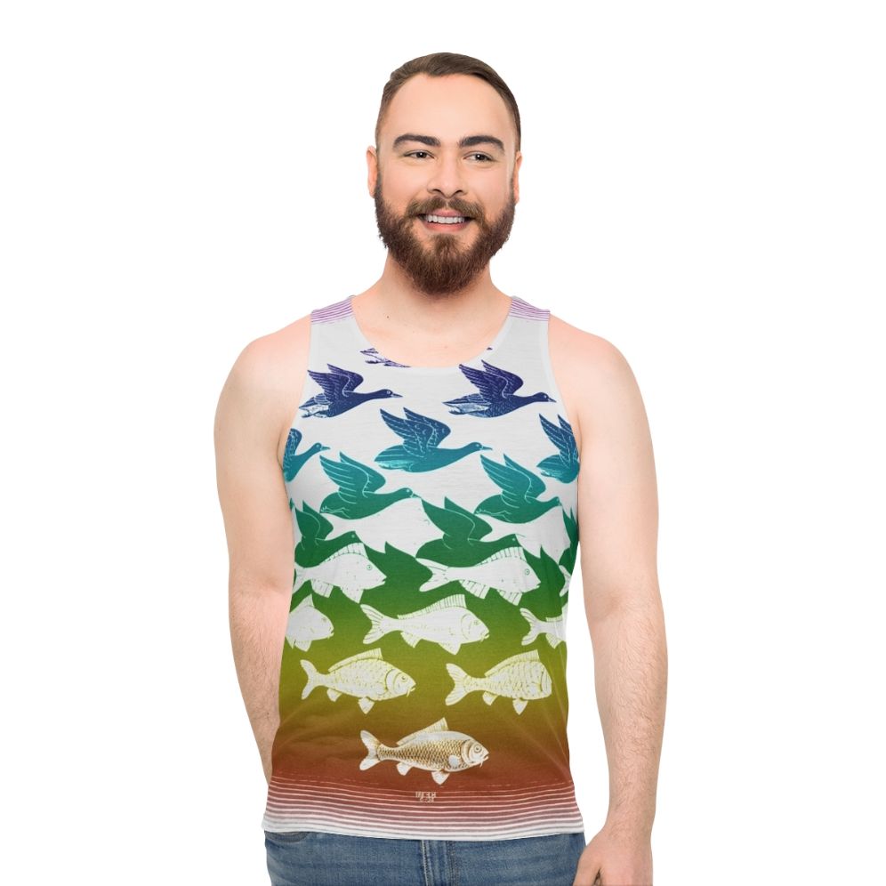 Escher inspired unisex tank top with optical illusion design