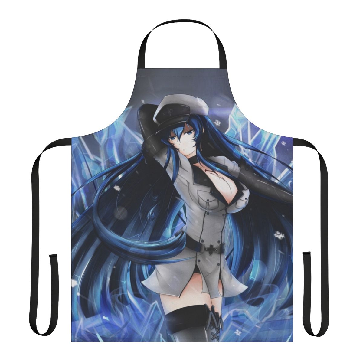 Esdeath inspired anime cosplay apron featuring the Empire's General in her iconic blue and white attire