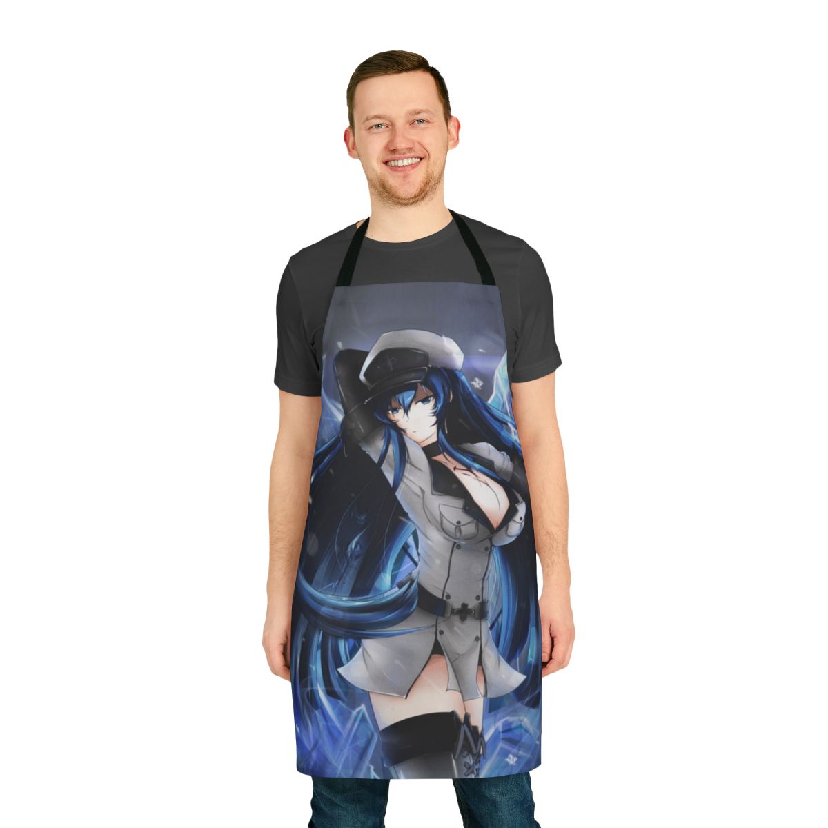 Esdeath inspired anime cosplay apron featuring the Empire's General in her iconic blue and white attire