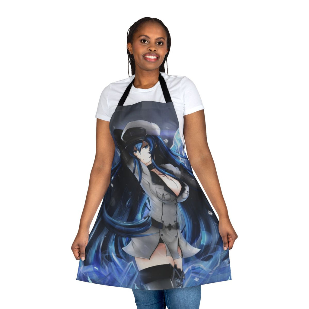 Esdeath inspired anime cosplay apron featuring the Empire's General in her iconic blue and white attire