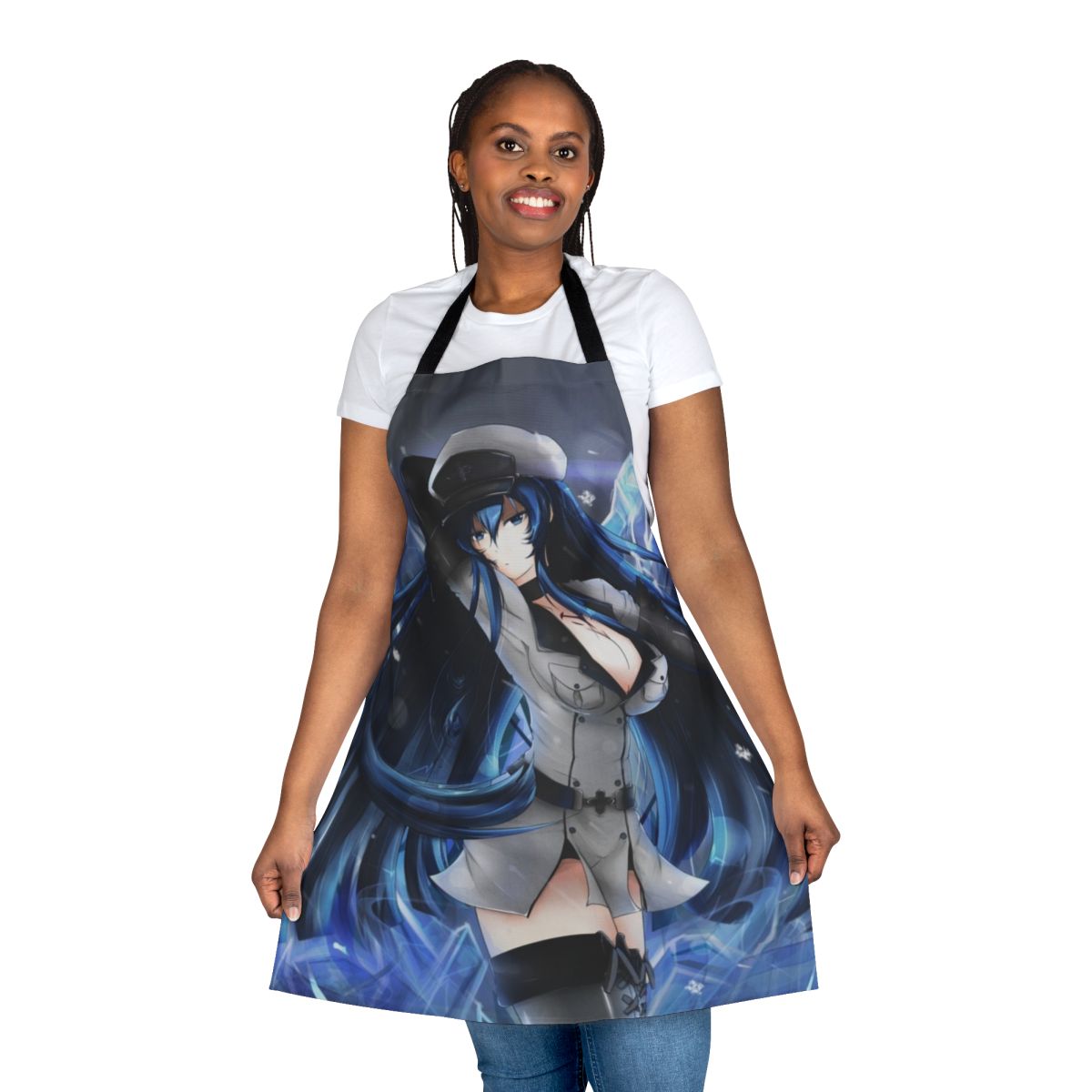 Esdeath inspired anime cosplay apron featuring the Empire's General in her iconic blue and white attire