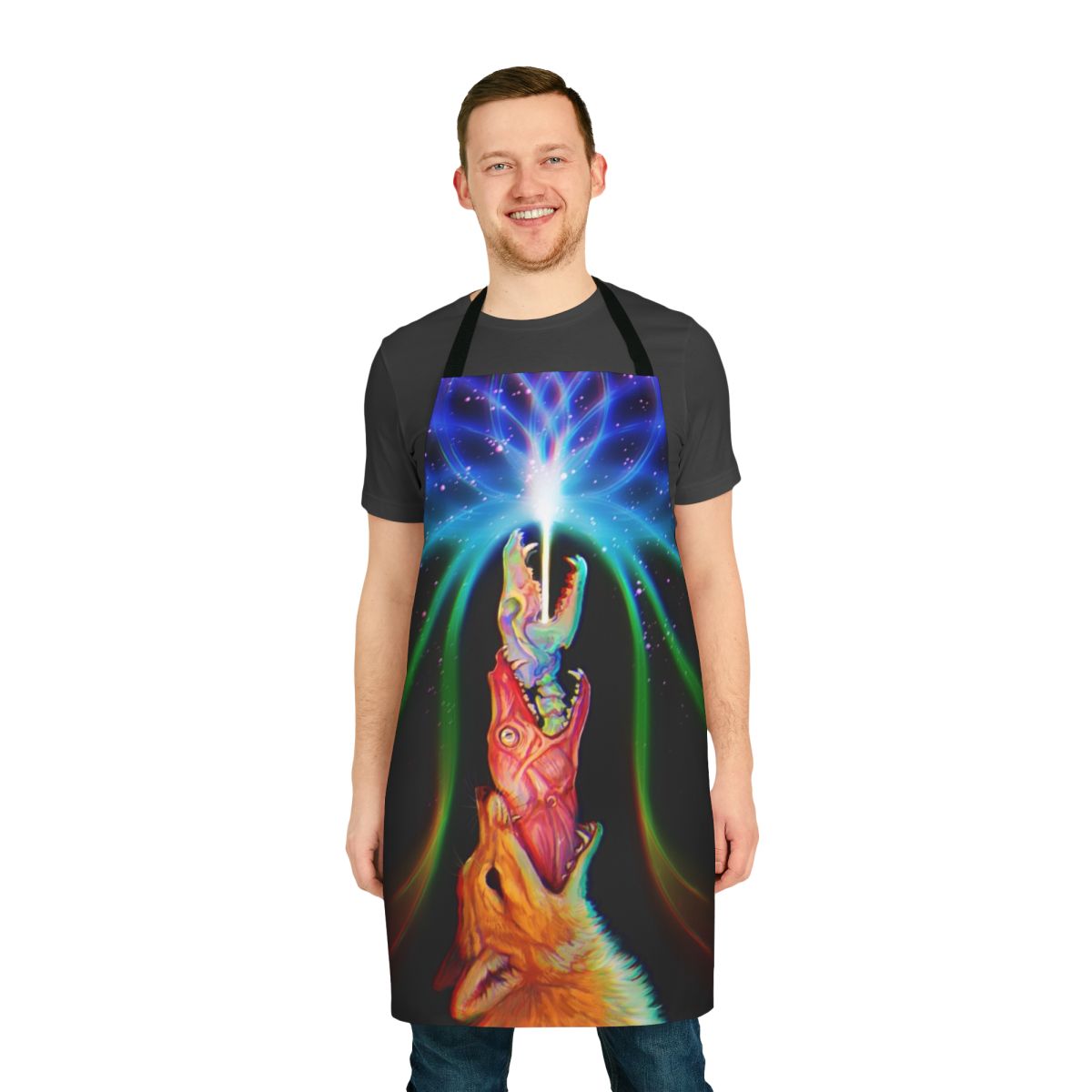 Essence Psychedelic Apron with Fox, Skull, and Bone Designs