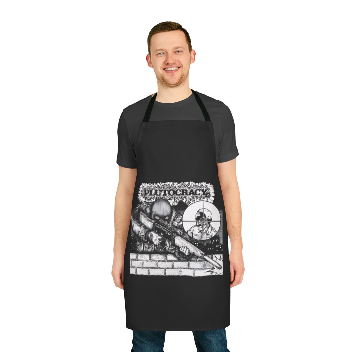 Essential apron with a political statement about plutocracy and police