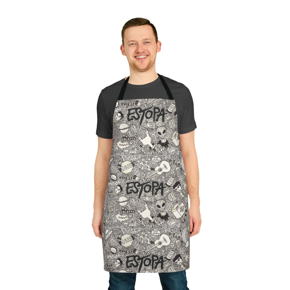 Estopa-inspired apron featuring band logo and artwork