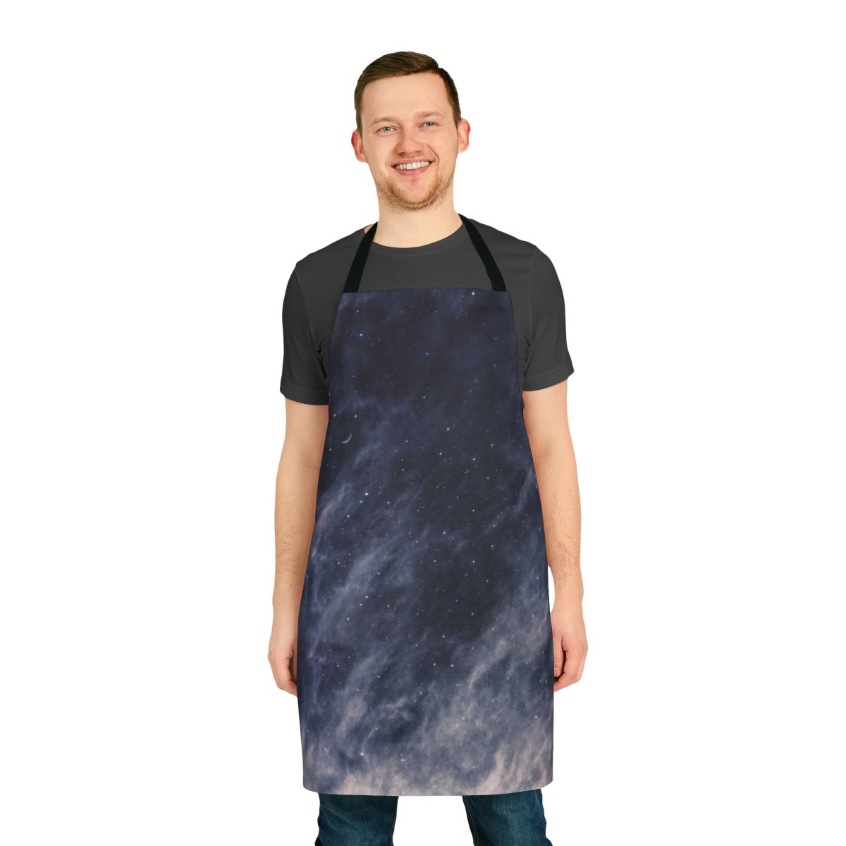 Blue and gray toned apron featuring a full moon and cloudy night sky design