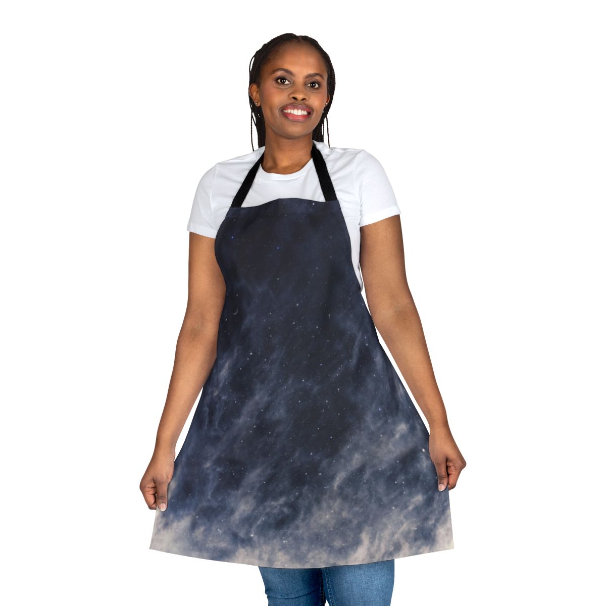 Blue and gray toned apron featuring a full moon and cloudy night sky design