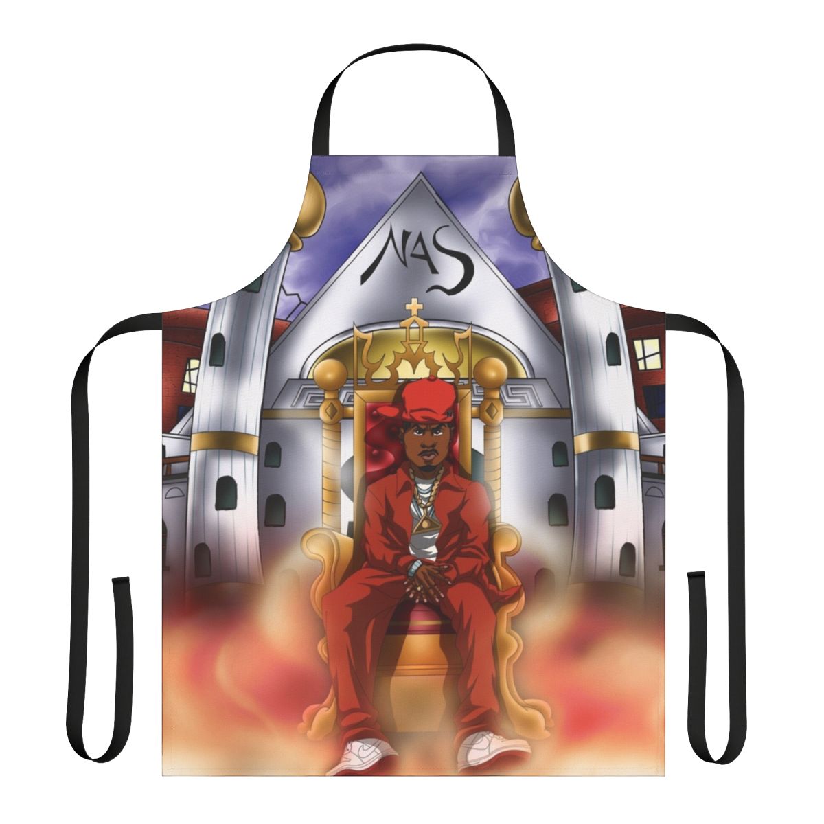 Ethereal cartoon-style apron with abstract and music-inspired design