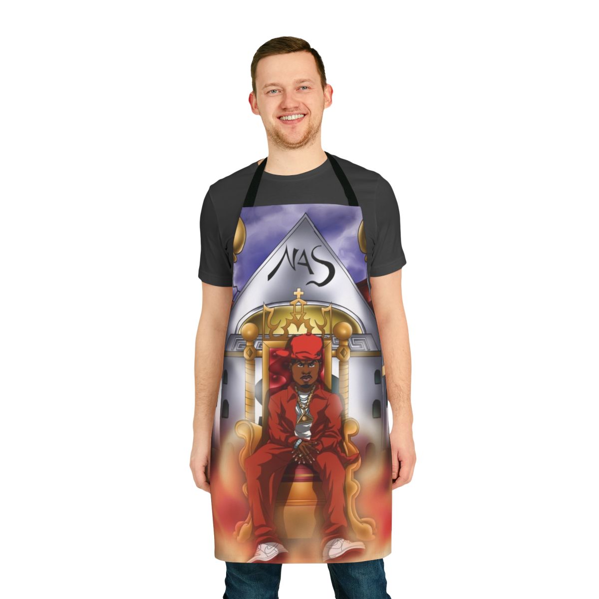 Ethereal cartoon-style apron with abstract and music-inspired design
