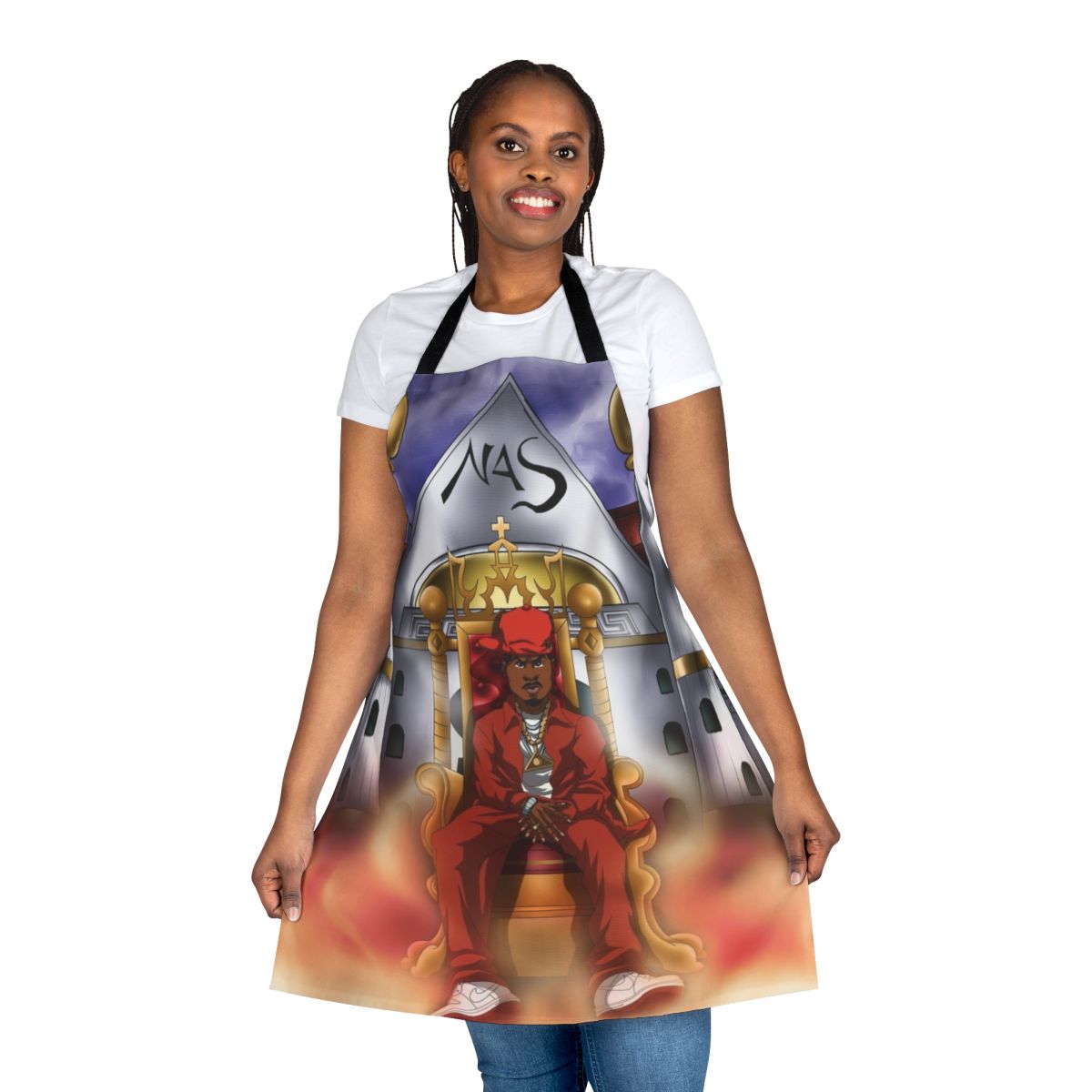 Ethereal cartoon-style apron with abstract and music-inspired design