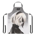 "Illustration of 2B from Nier Automata wearing a unicorn-themed apron"