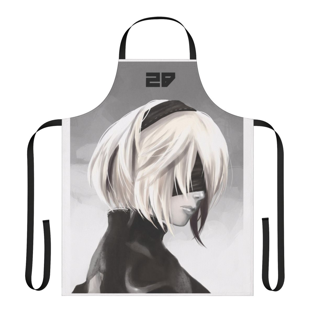 "Illustration of 2B from Nier Automata wearing a unicorn-themed apron"