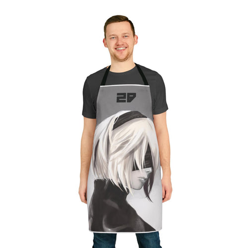 "Illustration of 2B from Nier Automata wearing a unicorn-themed apron"