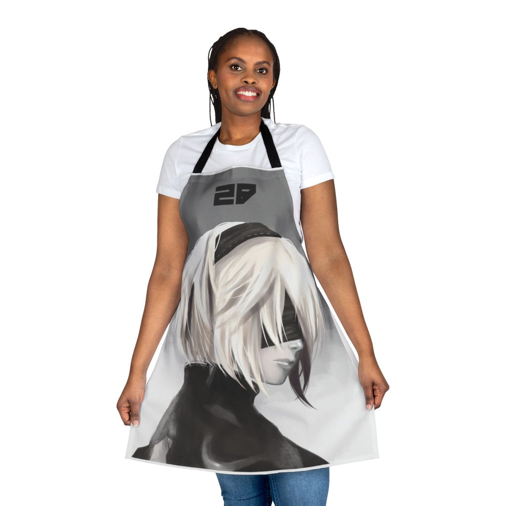 "Illustration of 2B from Nier Automata wearing a unicorn-themed apron"