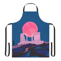 Apron featuring a digital illustration of the ancient Temple of Poseidon at Sounio, Greece, in a serene blue and white vaporwave aesthetic.