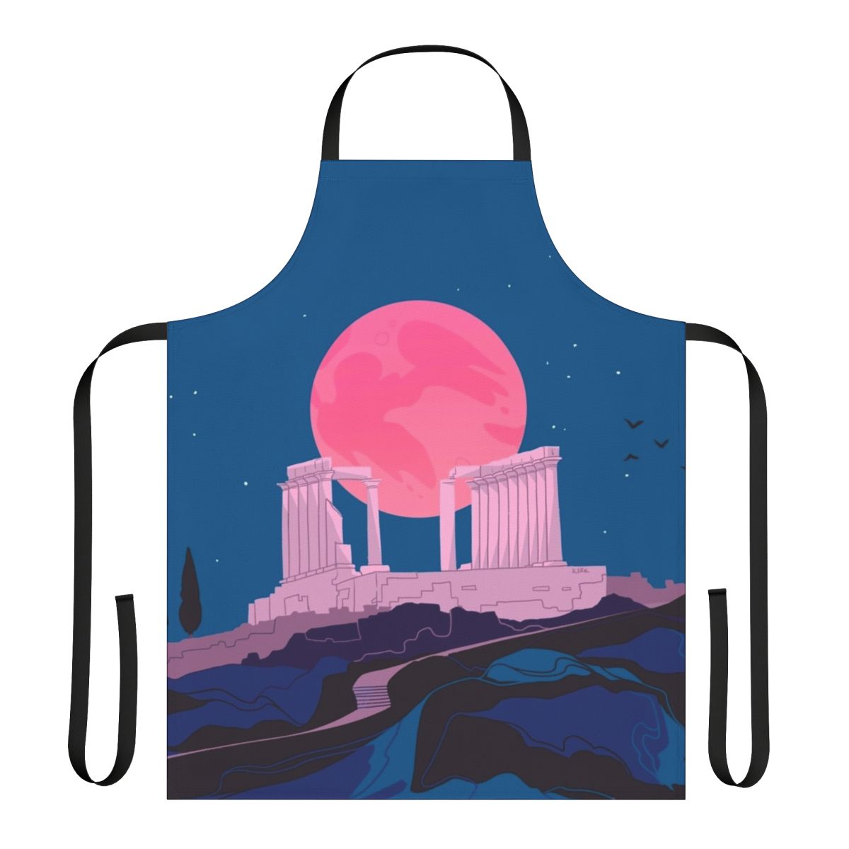 Apron featuring a digital illustration of the ancient Temple of Poseidon at Sounio, Greece, in a serene blue and white vaporwave aesthetic.