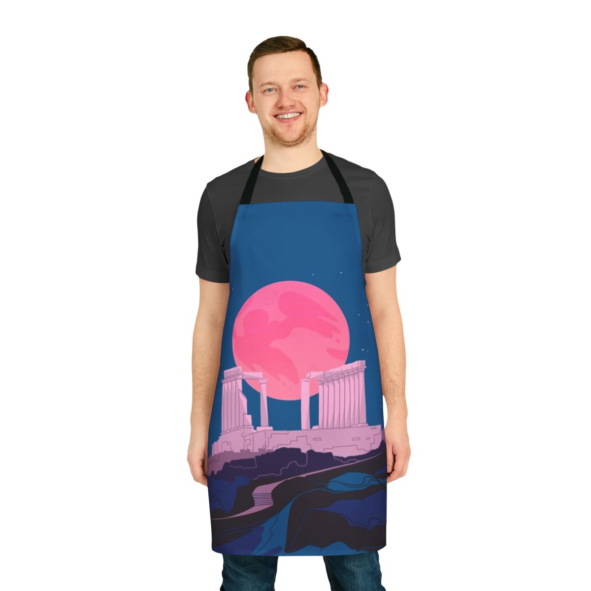 Apron featuring a digital illustration of the ancient Temple of Poseidon at Sounio, Greece, in a serene blue and white vaporwave aesthetic.