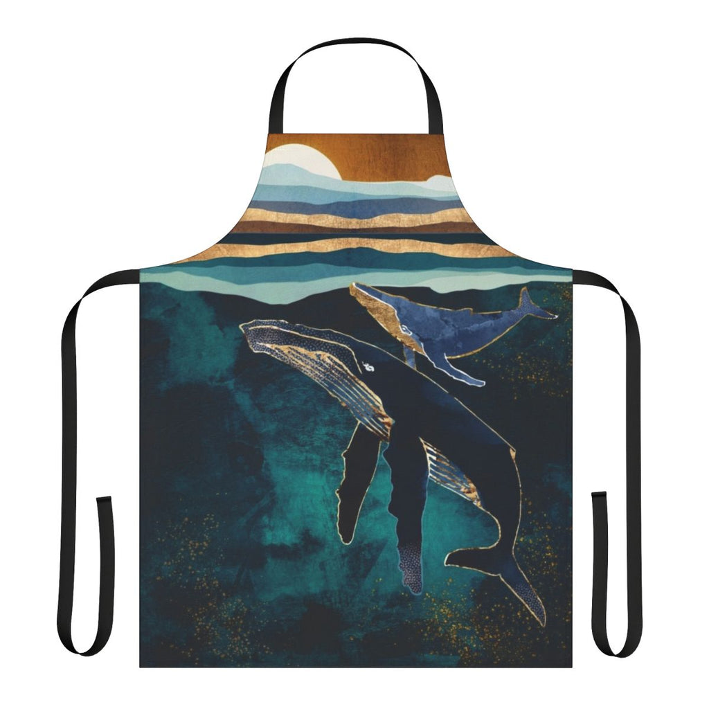 A vibrant, abstract apron featuring whales swimming in a moonlit ocean landscape.