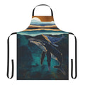 A vibrant, abstract apron featuring whales swimming in a moonlit ocean landscape.