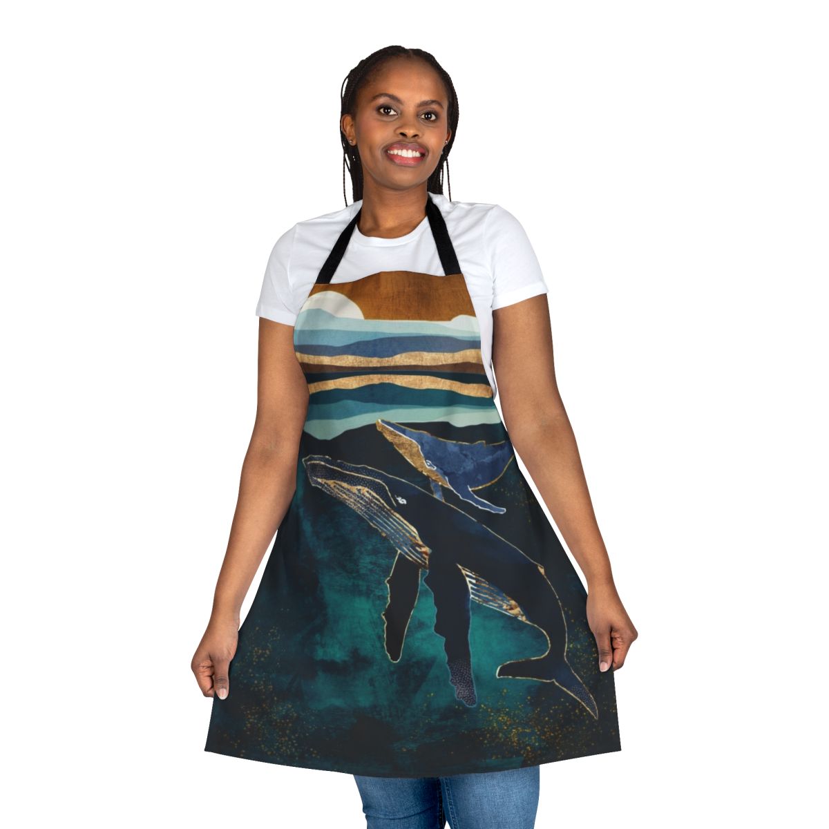 A vibrant, abstract apron featuring whales swimming in a moonlit ocean landscape.