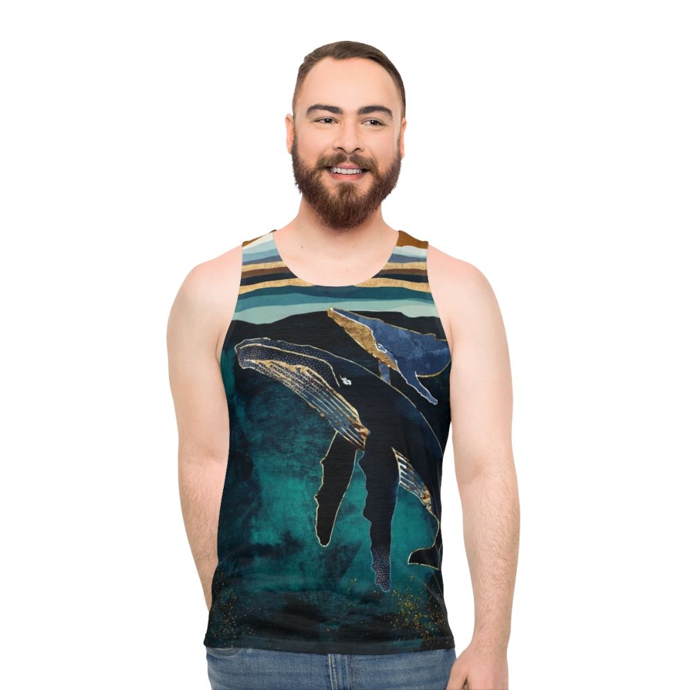 Unisex tank top featuring abstract whales and moon design