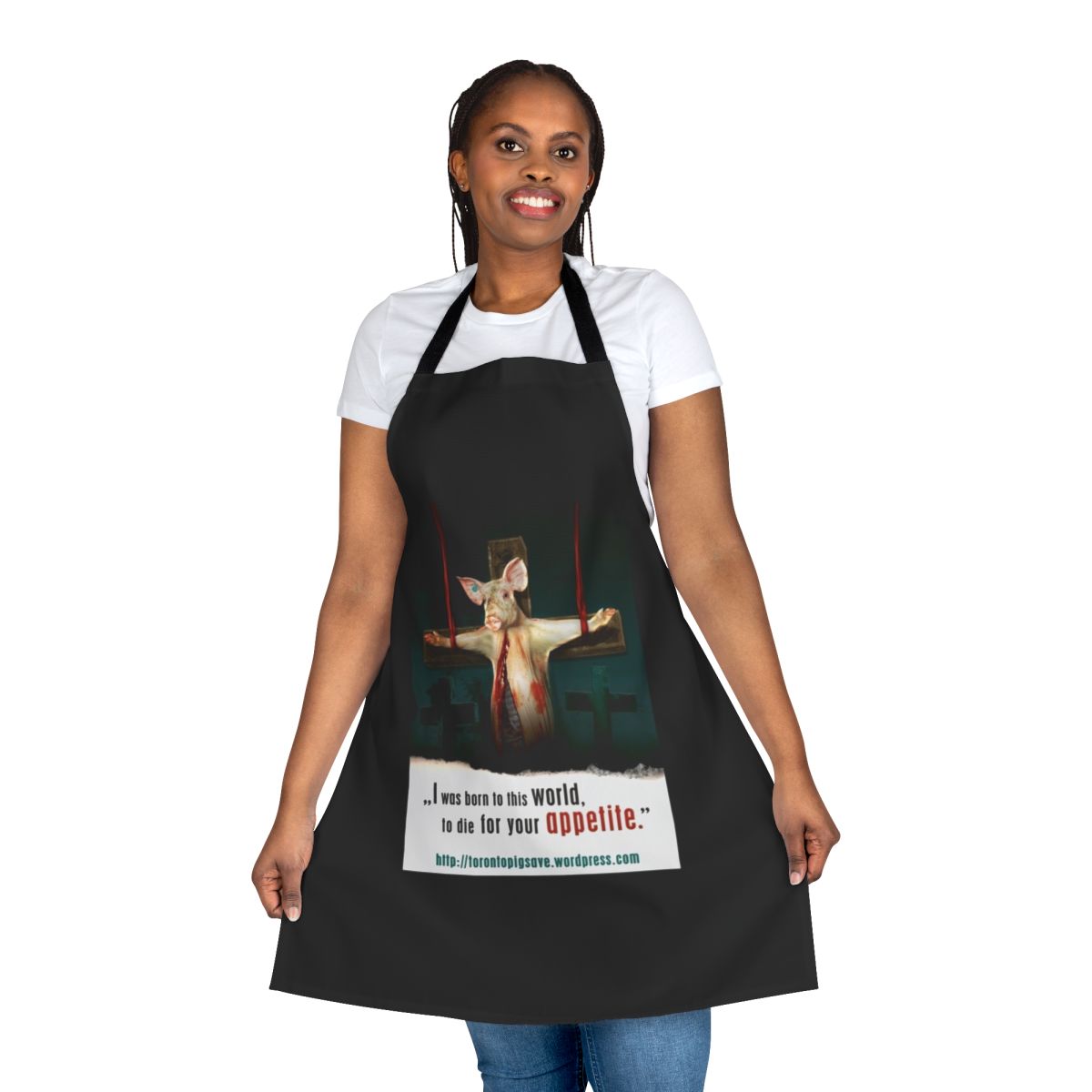 Apron featuring Toronto Pig Save logo and animal rights text