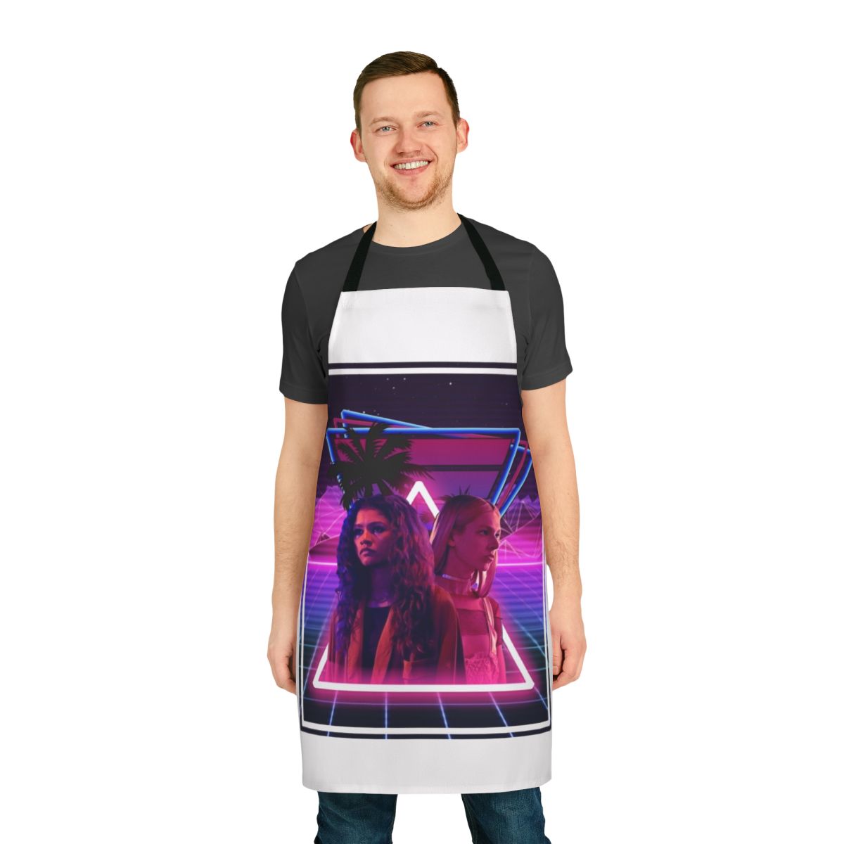 Euphoria-inspired apron featuring the characters Rules, Rue, and Jules
