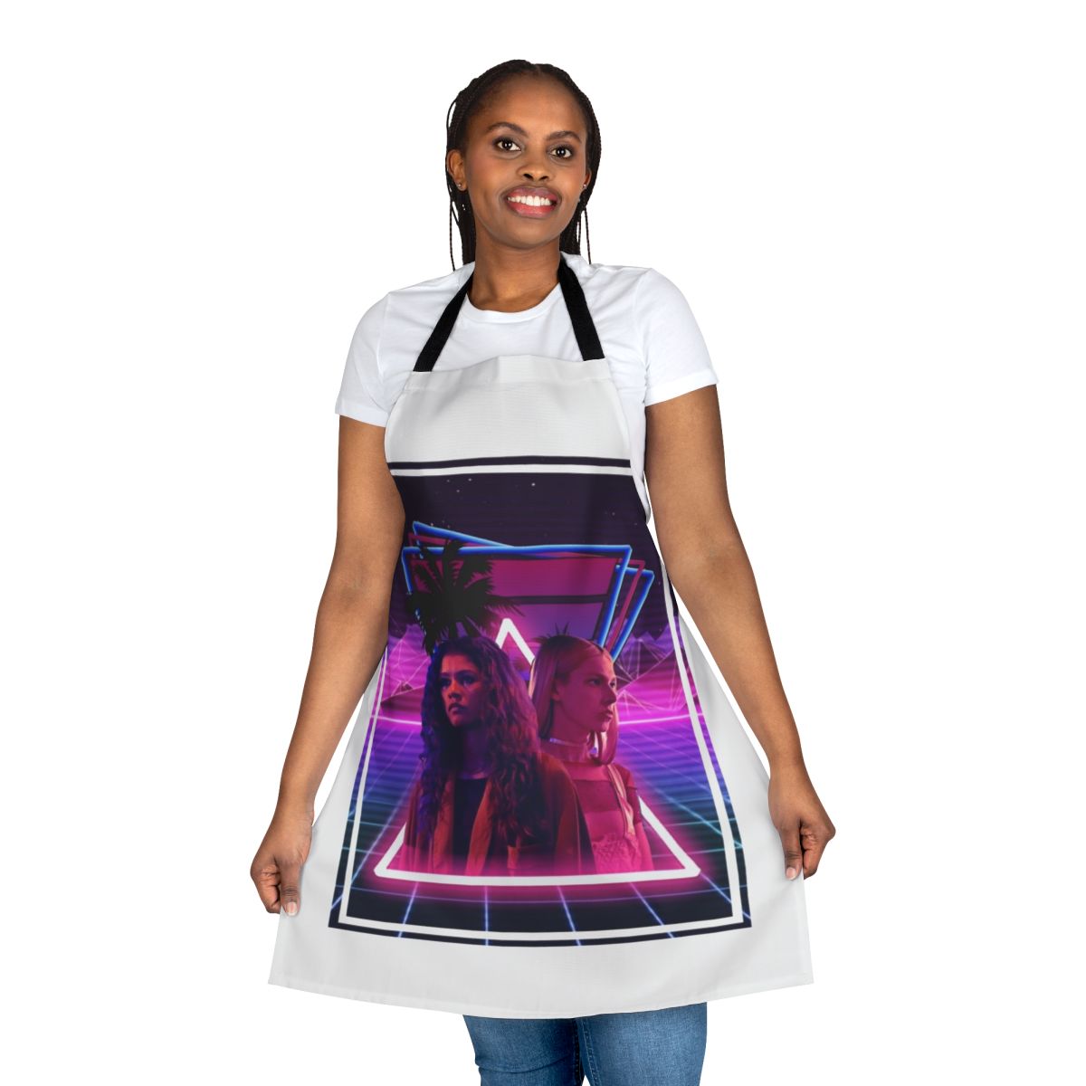 Euphoria-inspired apron featuring the characters Rules, Rue, and Jules