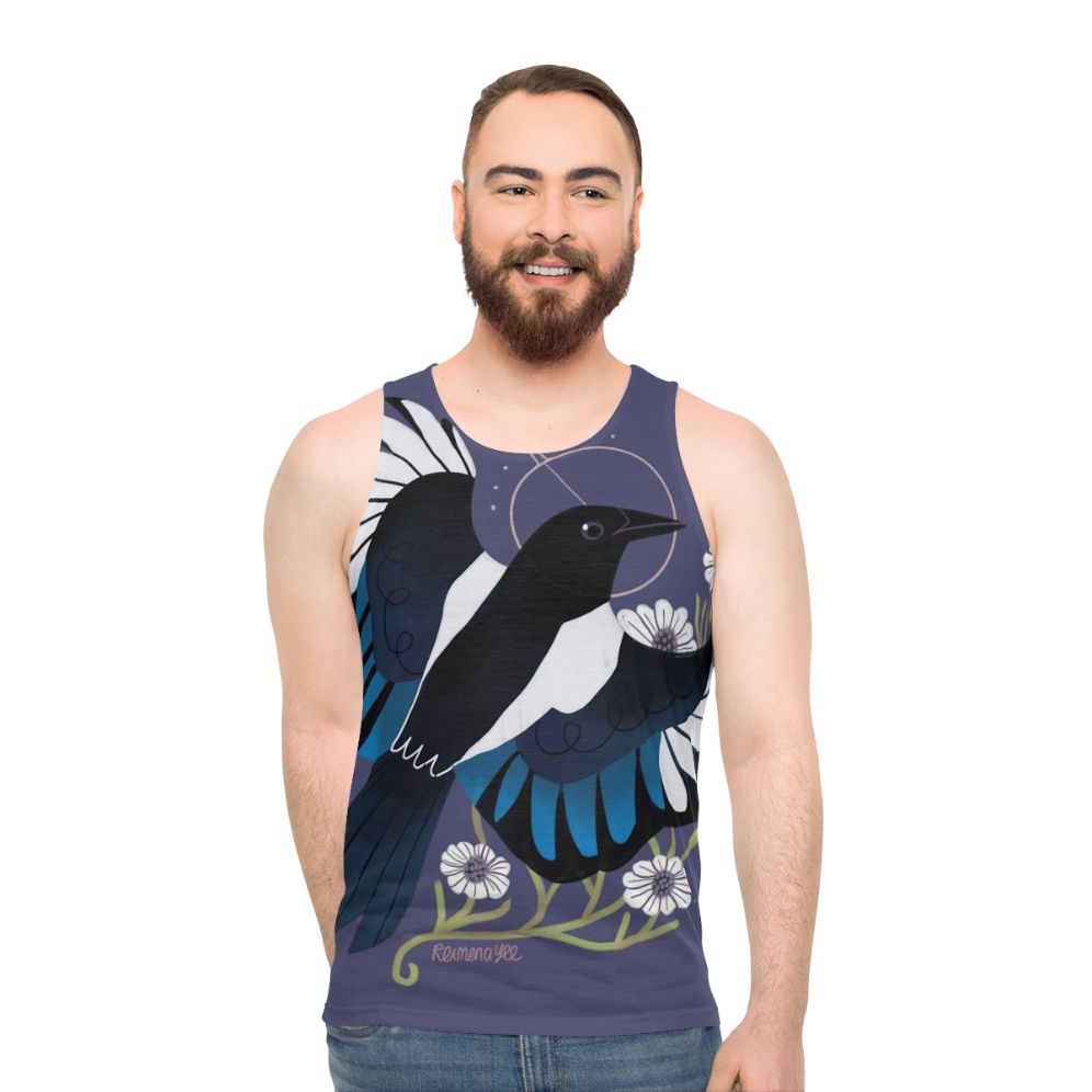 Unisex tank top featuring a detailed illustration of a European magpie bird