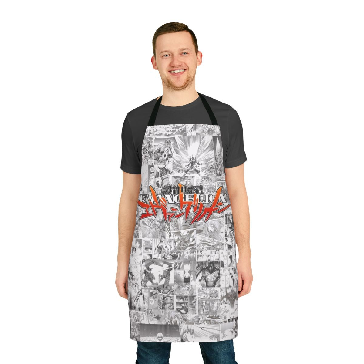 Evangelion-themed apron with characters and mecha design