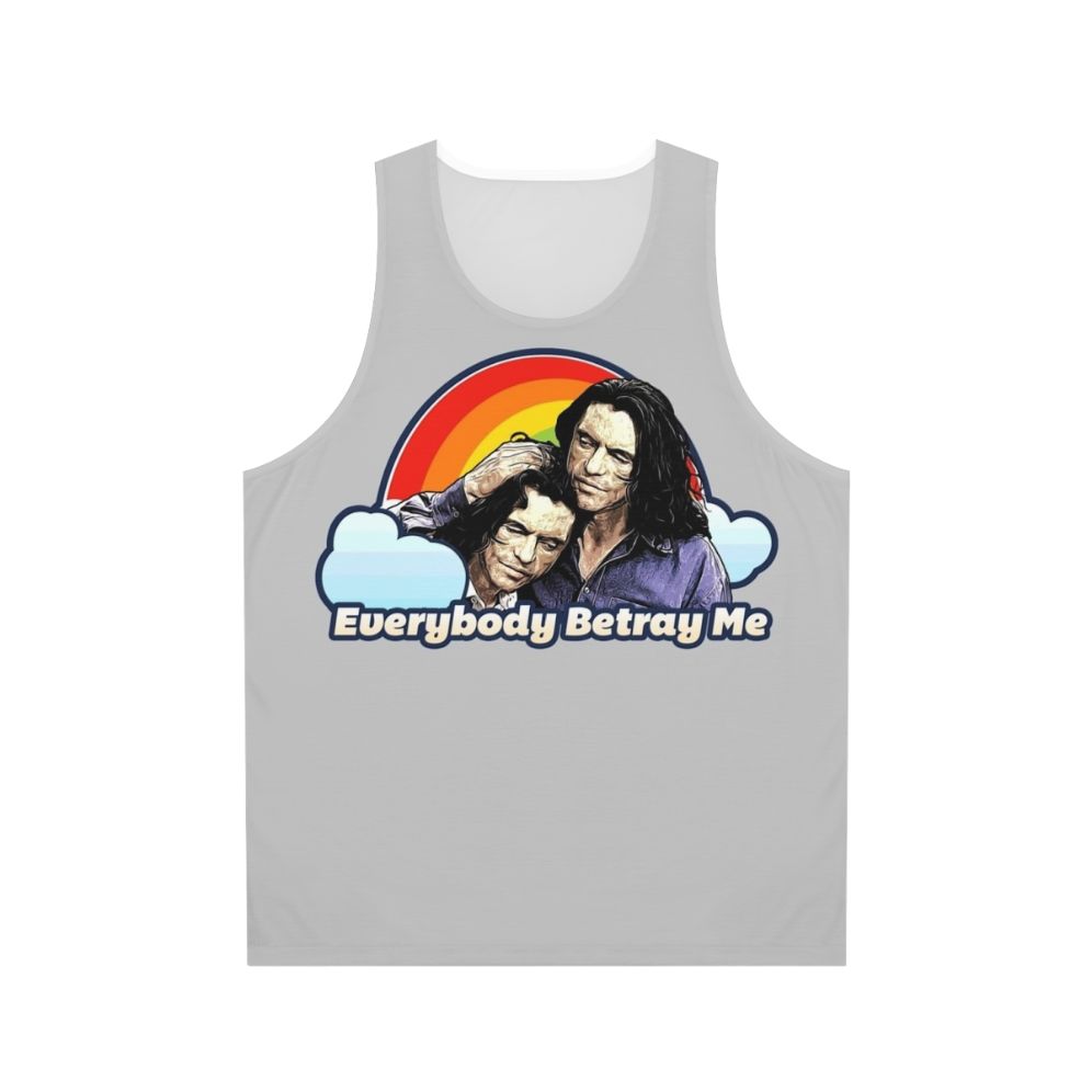 Unisex tank top with "Everybody Betray Me" design, a tribute to the cult classic film The Room