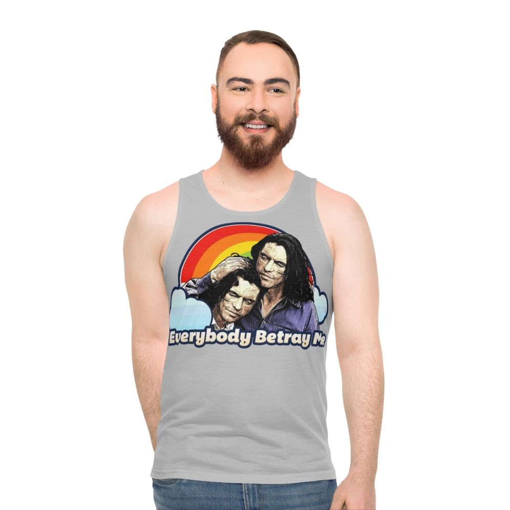 Unisex tank top with "Everybody Betray Me" design, a tribute to the cult classic film The Room